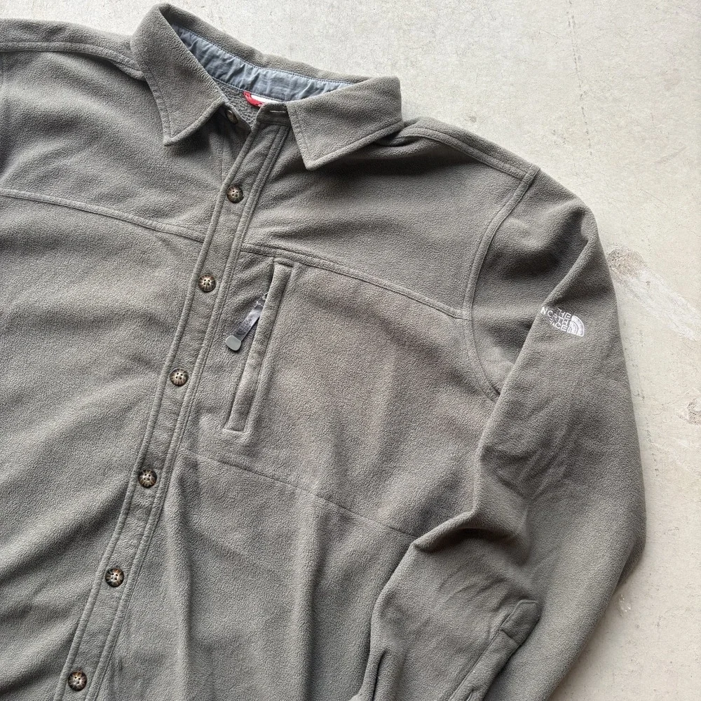 The North Face Fleece Shirt Jacket Mens XXL Olive Brown Button Up Zip Pocket